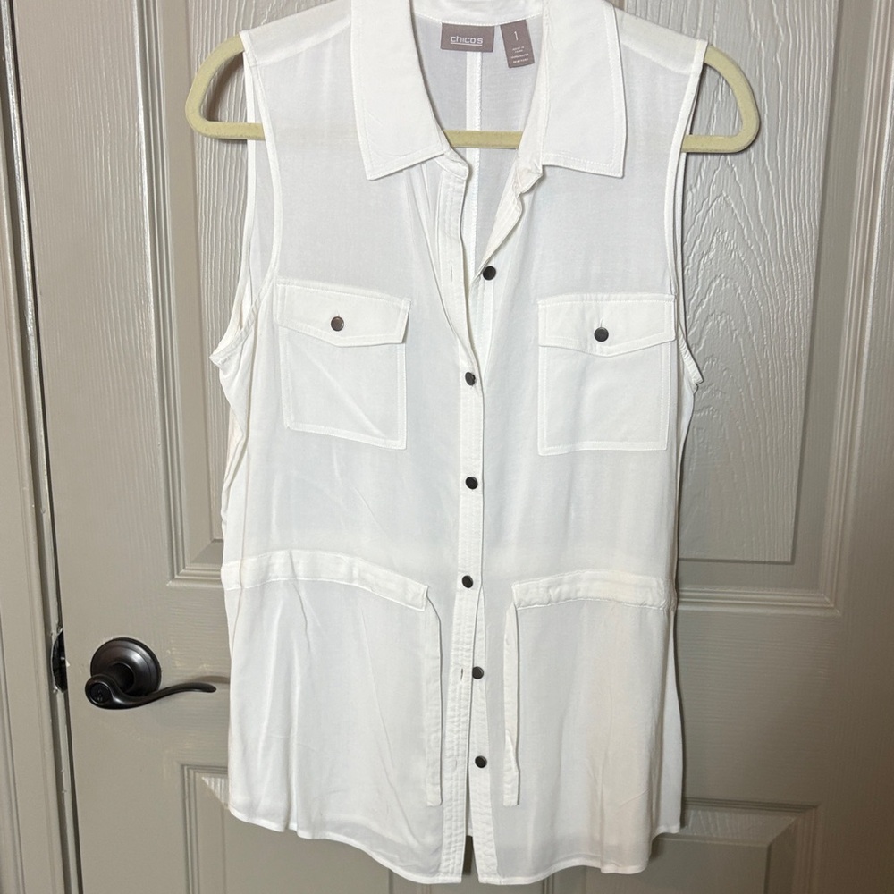 Chico's White Sleeveless Blouse drawstring waist Sz 1